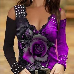 ChicMe XXXL Cold Shoulder Floral Print Lace Trim Top NWOT Purple/White/Black!